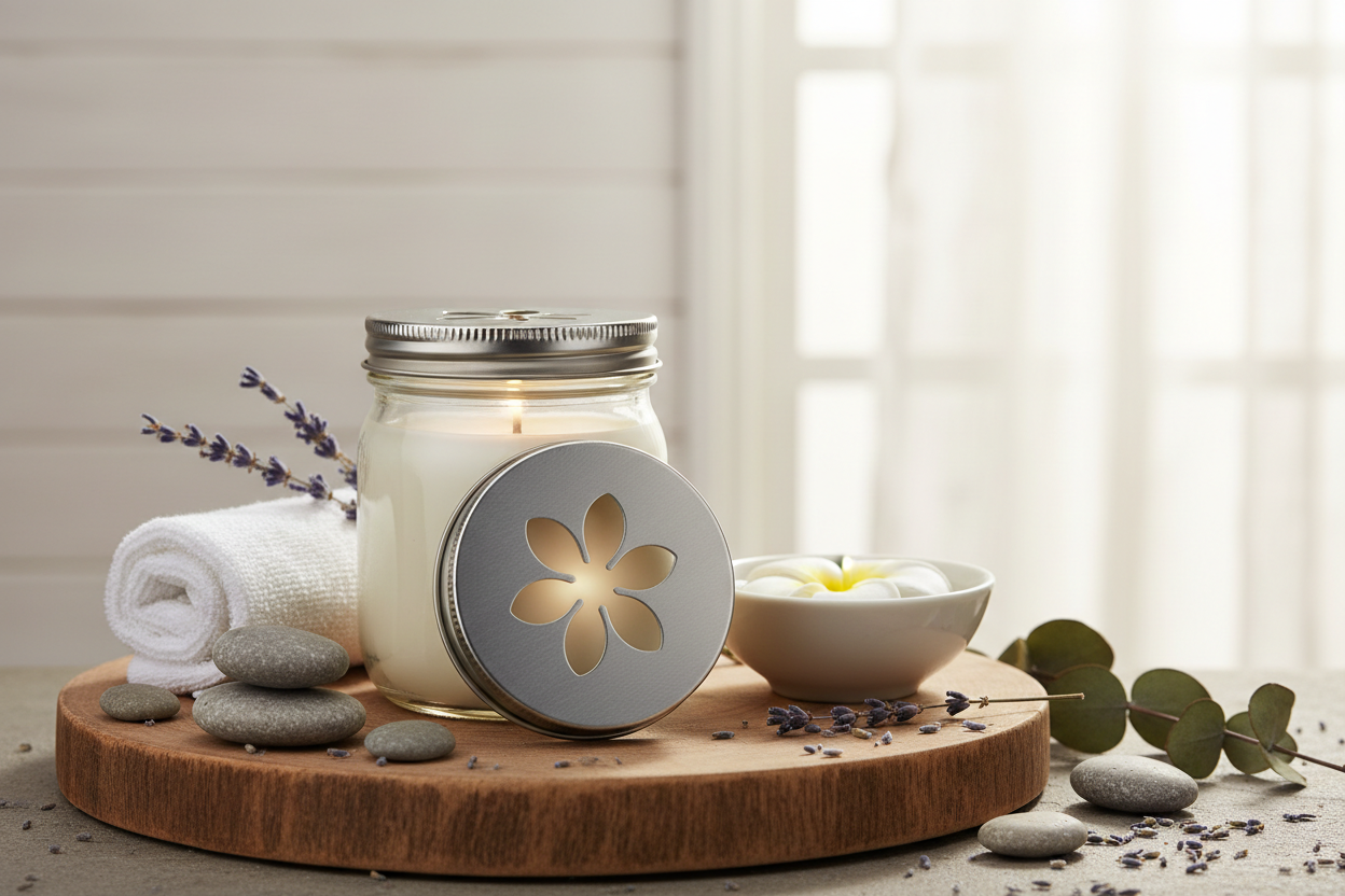 soy candle in a calming atmospher the candle is in an 8oz ball jar with a metal tin lid with a daisy stamped out of the tin