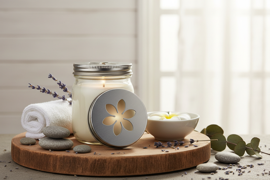 soy candle in a calming atmospher the candle is in an 8oz ball jar with a metal tin lid with a daisy stamped out of the tin