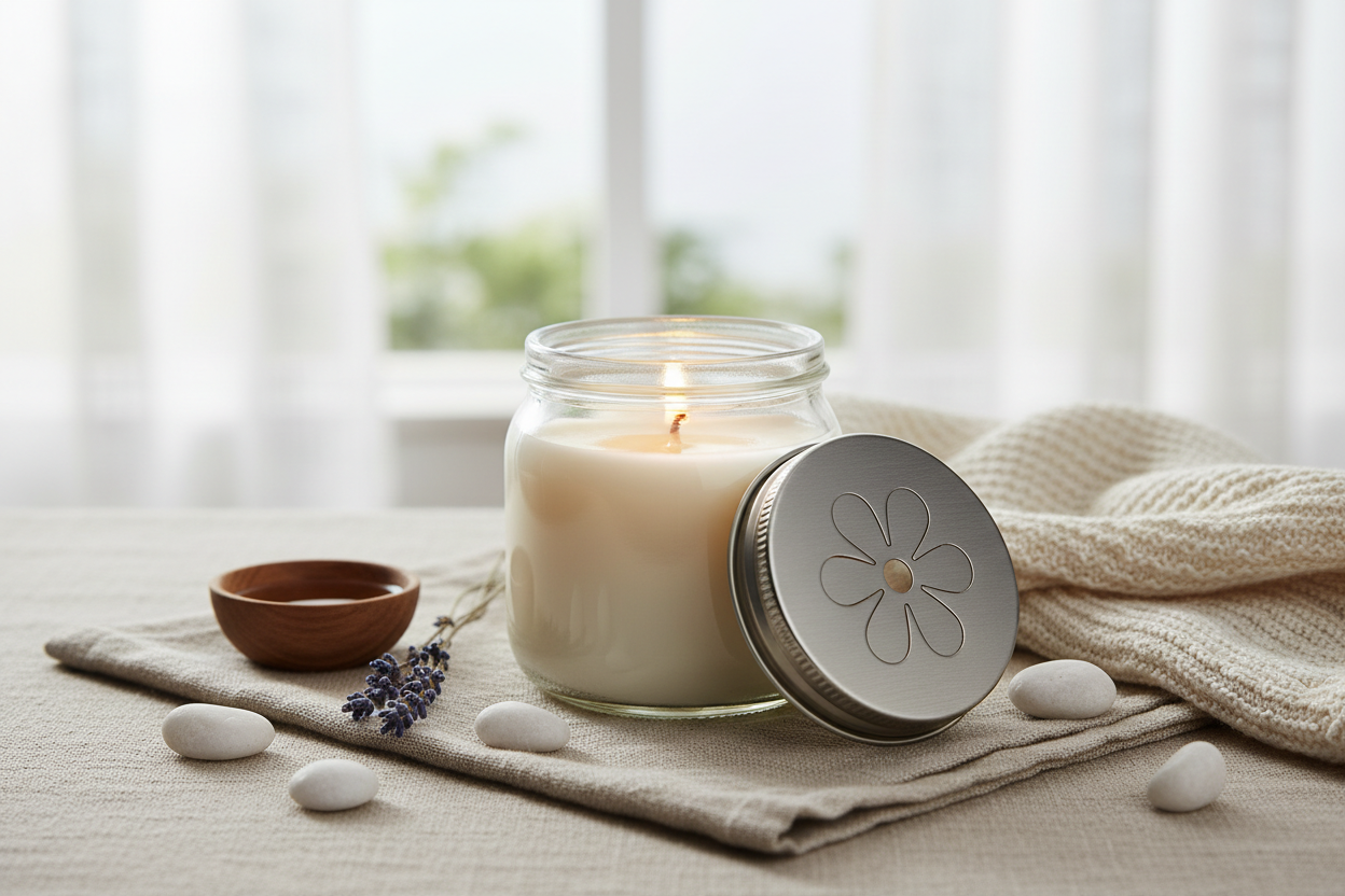 Soy candle in a calming atmosphere, the candle is in an 8oz ball jar with metal lid, there is a daisy (vintage) stamped out of the lid