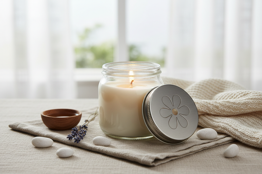 Soy candle in a calming atmosphere, the candle is in an 8oz ball jar with metal lid, there is a daisy (vintage) stamped out of the lid