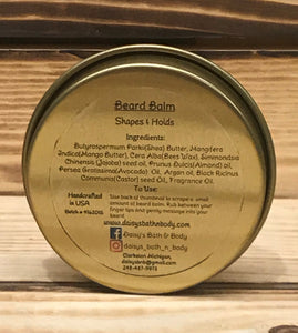 The ingredients chosen in Daisy's Beard Balm are designed to nourish, promote growth, proctect your beard and prevent dry flakey skin by provinding your beard  with the antioxidants, minerals and vitamins needed to leave your beard healthy, soft, conditioned and manageable.  Theses ingredients include: Butters of: Shea and Mango Bees Wax Oils of : Jojoba, Sweet Almond, Avocado, Argon and Jamaican Castor oil